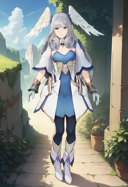 score_9, score_8_up, score_7_up, 1girl, solo, full body, standing, summoner, tabbard, blue dress, leggings, thighs, gauntlets, layered footwear, wreath crown, melia antiqua, head wings, blue eyes, outdoors<lora:xb3 melia xl 010 fro 995:1>