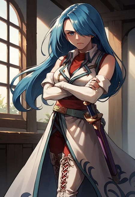 score_9, score_8_up, score_7_up, source_anime, 1girl, sword, serious, looking at you, crossed arms, BREAK <lora:LuciaFE-pdxl:1> defLucia, long hair, hair over one eye, white jacket, sleeveless, white elbow gloves, fingerless gloves, red sash, belt, red pants, thigh boots, cross-laced footwear, indoors, window, sunlight