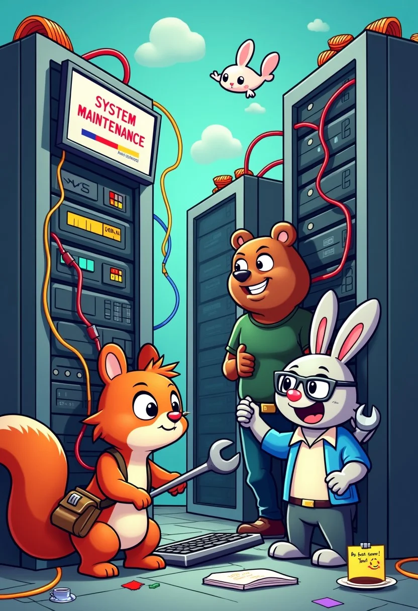 A cartoon illustration of a server room with colorful, playful characters. Cartoon characters like a clumsy squirrel with a toolbelt, a tech-savvy rabbit with oversized glasses, and a strong bear holding a giant wrench are working on the servers. The squirrel is tangled in a mess of colorful cables, the rabbit is typing furiously on a keyboard with a determined look, and the bear is trying to read a manual upside down. One of the monitors shows a 'System Maintenance' message with a progress bar that's stuck at 99%, with a small note saying 'Be back soon!' The background includes playful elements like a spilled coffee cup, a flying paper airplane, and a sticky note with a smiley face. The scene is vibrant, humorous, and full of character, making the maintenance situation look lighthearted and fun.