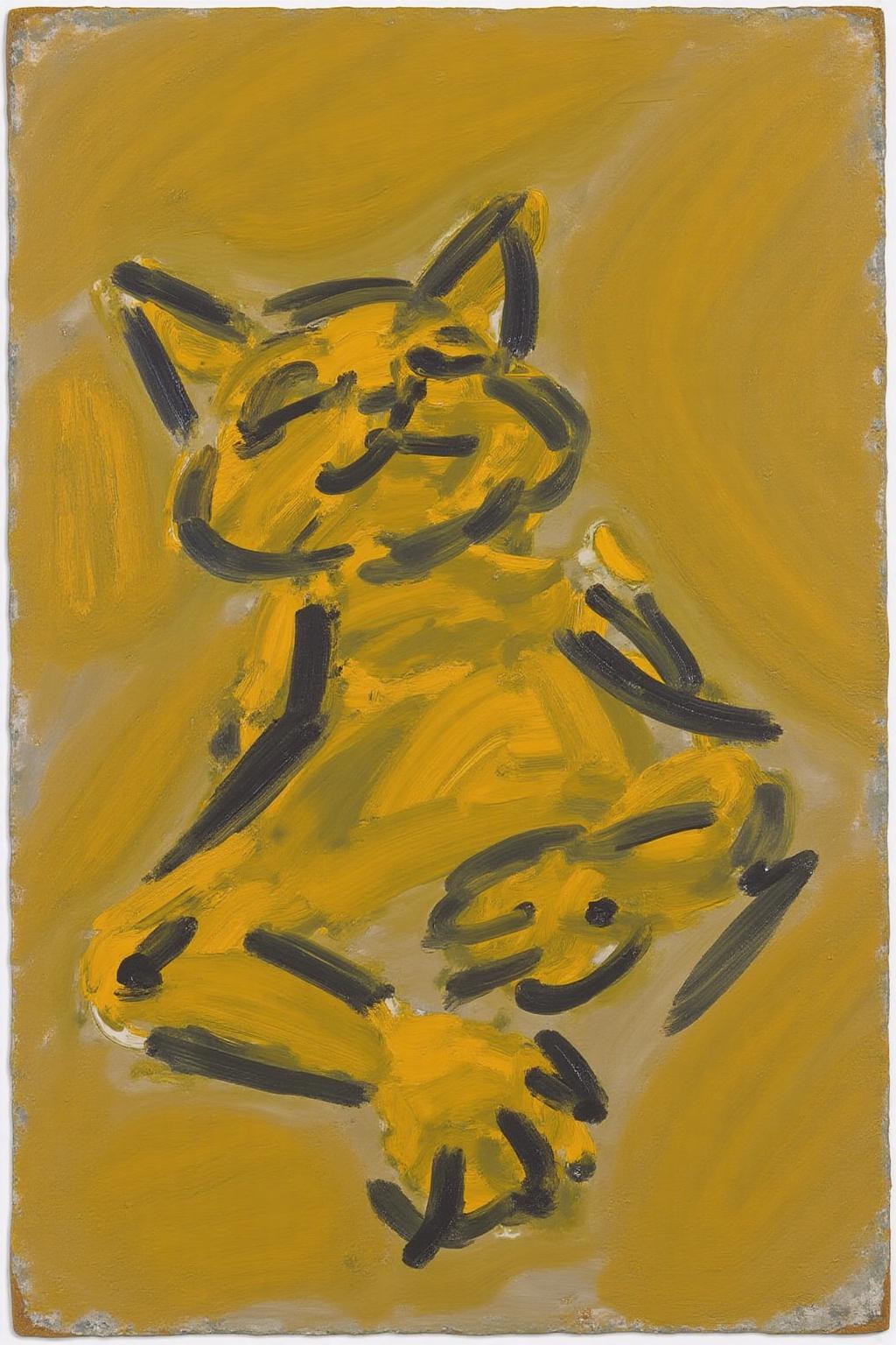 fraauer1 abstract of a reclining cat, created using thick, expressive brushstrokes on canvas. The artwork features a chaotic, abstract composition with bold, swirling patterns. The dominant color is a warm, mustard yellow, which covers most of the canvas, creating a rich, golden background. <lora:fraauer1_cap_d6a3:1.0><lora:812127966055144449:0>