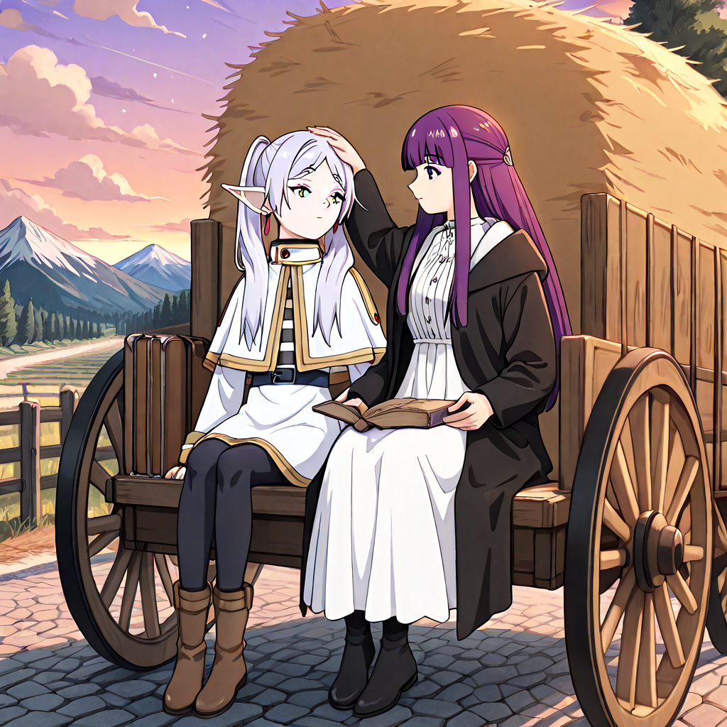 absurdres, sensitive, 2girls, frieren, fern, sitting, hay cart, hay, wagon, elf, grey hair, twintails, capelet, black pantyhose, purple hair, long hair, straight hair, white dress, long sleeves, robe, open book, holding book, suitcase, sky, cloud, tree, rural, fence, mountain, stone road, hand on another's head, headpat, sunset, smile, expressionless, profile, carriage, <lora:haycart_ilxl:1>