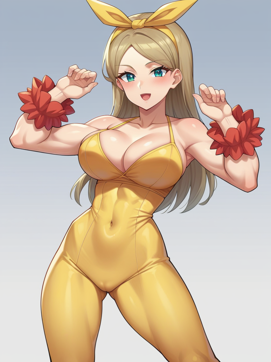 Pokémon style score_9, score_8_up, score_7_up, best quality, masterpiece, 4k, uncensored, perfect lighting, rating_explicit, very aesthetic, anime BREAK
1girl with (round breasts), 
light brown hair Long Bob (Lob),
ruffle sleeve dress,
large breasts,
haneramu,
true silver background,
eye level,
doing a yoga pose,
:p . Vibrant, cute, anime, fantasy, reminiscent of Pokémon series  <lora:breasts++-PD-round-1.0:1>