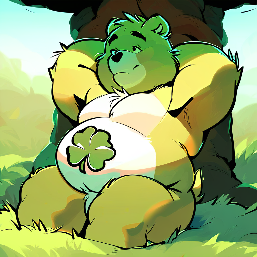 score_9, score_8_up, score_8, furry, Good Luck, bear, green fur, clover belly badge, cartoon style, 2d, overweight male, big belly, solo, sitting, sitting under tree, in shade, arms behind head, looking up, sitting on blanket, outside, grass