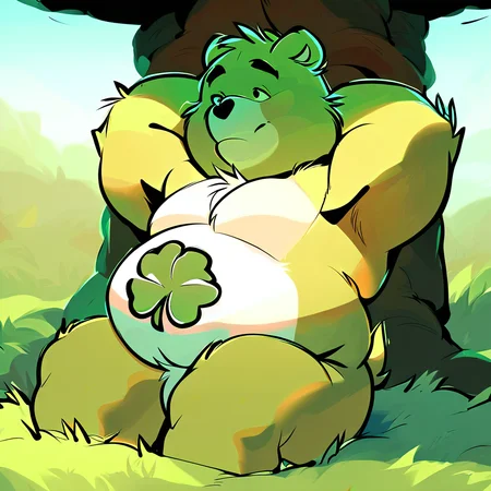 score_9, score_8_up, score_8, furry, Good Luck, bear, green fur, clover belly badge, cartoon style, 2d, overweight male, big belly, solo, sitting, sitting under tree, in shade, arms behind head, looking up, sitting on blanket, outside, grass