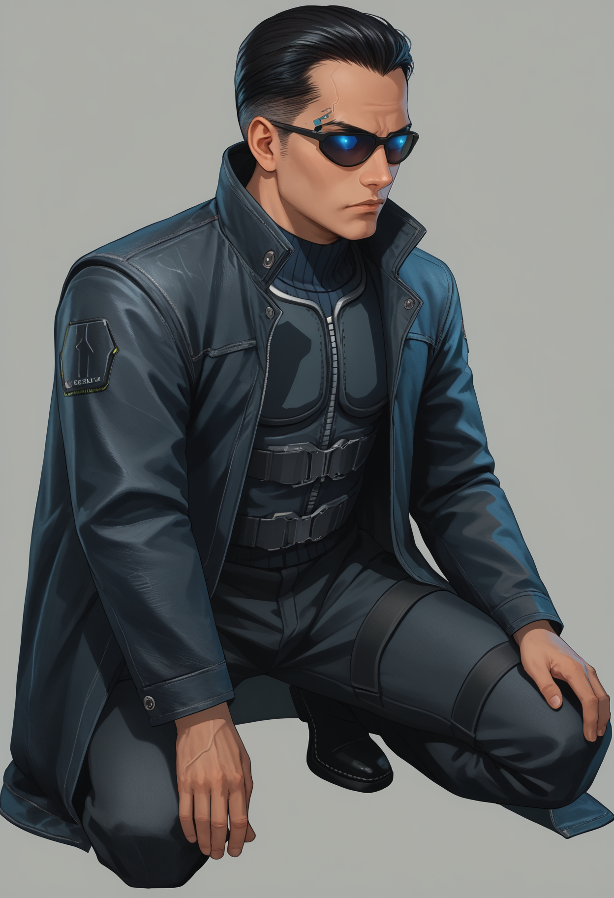 score_9, score_8_up, score_7_up, source_anime BREAK <lora:jcdenton-deusex-richy-v1_pdxl:1> 1boy, solo, male focus, standing, jde, sunglasses, black hair, short hair, black coat, trench coat, cyberpunk, <lora:nikke-style-poses-richy-v1_pdxl:1> nikkecrouching, full body, squatting, simple background, grey background