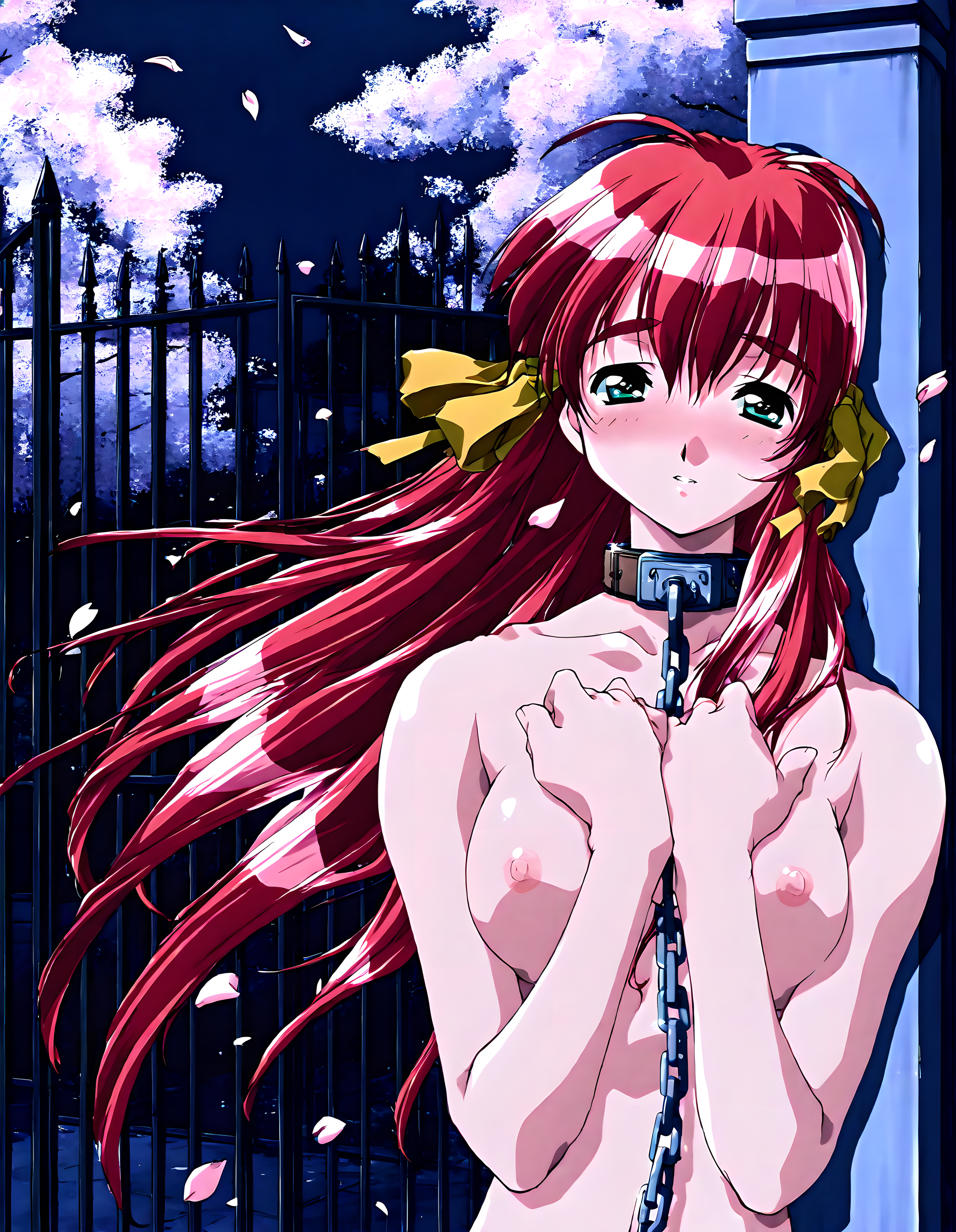 <lora:illustrious_XL_chitose:0.8>,chitose,masterpiece,best quality,good quality,1girl,solo,long hair,hair_ribbon,nude,nipples,neck_ring,chain leash,night,cherry blossoms,petals,gate,school,standing,hands_on_own_chest,upper_body,looking_at_viewer,light_blush,hair swinging in the wind,