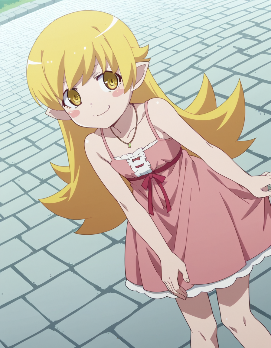 score_9, score_8_up, score_7_up, source_anime, <lora:shinobu-oshino-offmonster-ponyxl-lora-nochekaiser:1>, shinobu oshino, long hair, blonde hair, anime screencap, yellow eyes, dress, bare shoulders, pointy ears, pink dress, spaghetti strap, child, blush stickers,, stone walkway, historic, path, cobblestone, footpath, smile, bent over, smug,, looking at viewer, solo,, dutch angle, cowboy shot