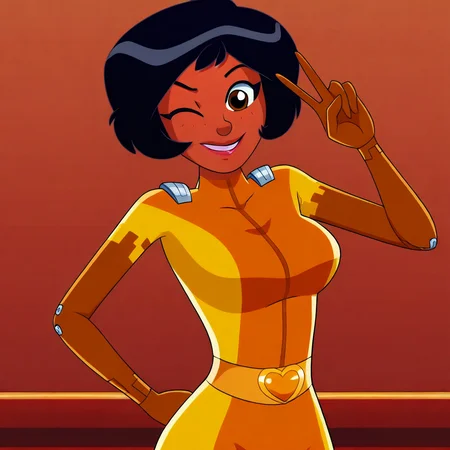 cartoon, totally_spies_2k24, 1girl, solo, alex, black hair, brown eyes, dark-skinned female, yellow bodysuit, big breasts, smile, one eye closed, peace, looking at viewer