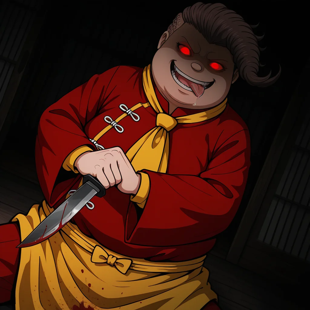 masterpiece, best quality, colorful, amazing quality, detailed background, conematic, <lora:teruteru-v1-08:1> dteruteruh, 1other, chubby, shaded face, no humans, (glowing eyes, red sclera, yellow pupils), wide-eyes, red shirt, tangzhuang with long sleeves, smirk, tongue out, parted lips, mandarin collar, cowboy shot, yellow waist apron, sitting, BREAK (yellow wide_sleeves), yellow ascot, dynamic pose, dark, dutch angle, holding knife, smirk, saliva, incoming attack, blood,