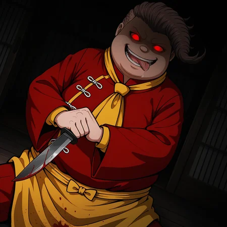 masterpiece, best quality, colorful, amazing quality, detailed background, conematic, <lora:teruteru-v1-08:1> dteruteruh, 1other, chubby, shaded face, no humans, (glowing eyes, red sclera, yellow pupils), wide-eyes, red shirt, tangzhuang with long sleeves, smirk, tongue out, parted lips, mandarin collar, cowboy shot, yellow waist apron, sitting, BREAK (yellow wide_sleeves), yellow ascot, dynamic pose, dark, dutch angle, holding knife, smirk, saliva, incoming attack, blood,