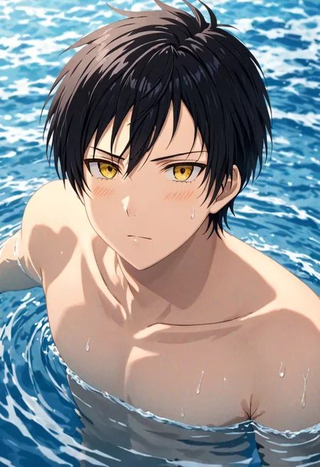 Sasuke Tsubaki, Yellow Eye, masterpiece, best quality, (1boy), solo, male focus, High definition, Black hair, 4K, shirtless, swimming
