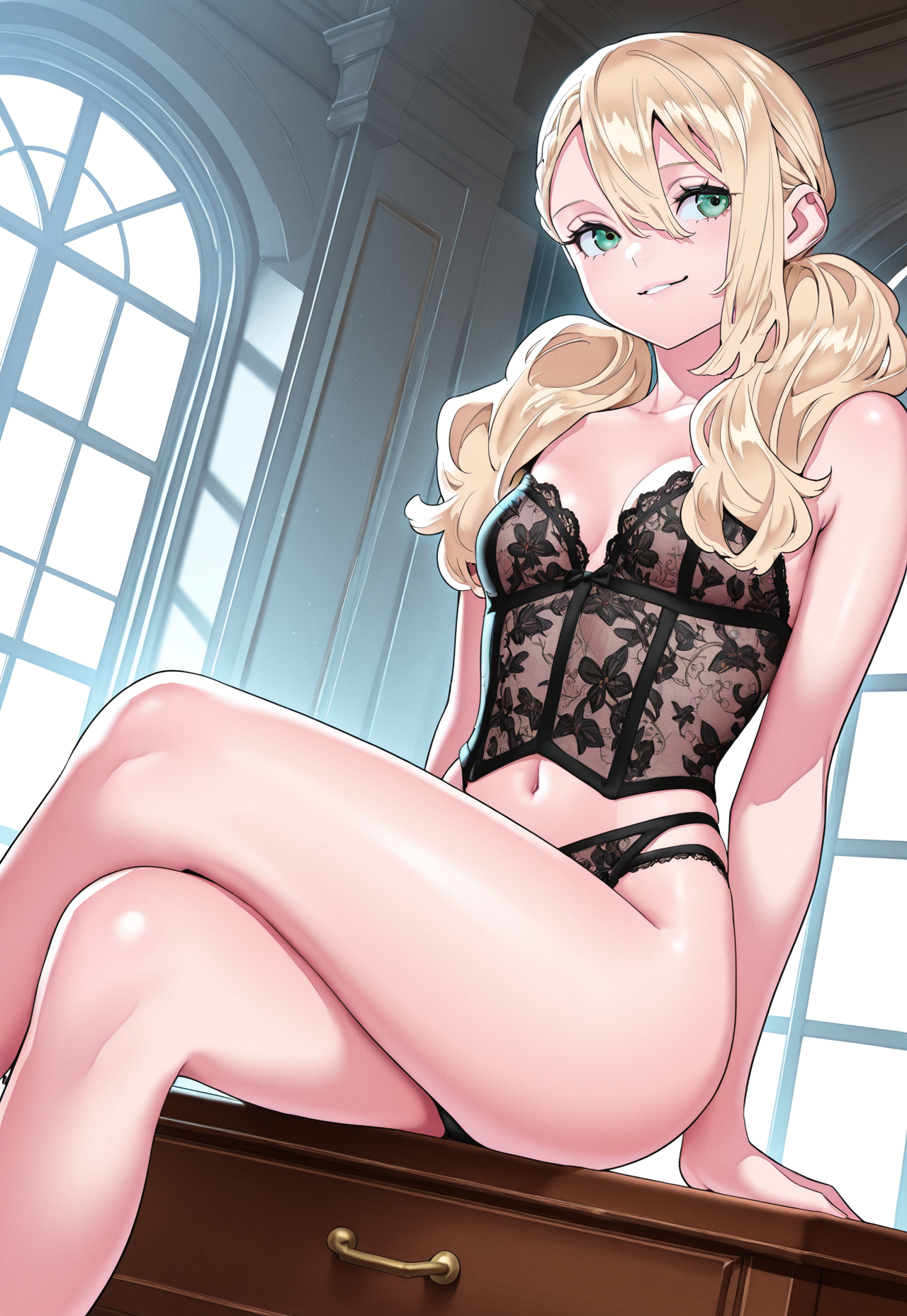 masterpiece, best quality, amazing quality, 1girl, solo, varvara pilipenko, long wavy blonde hair, twin tails, side bangs, green eyes, small breasts, wide hips, black corset bra with sheer lace trim, matching thong with double waistband, lingerie, sitting on dresser edge, legs crossed, looking to side with a smirk, manga, full colour



