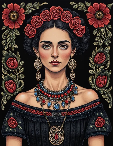 novuschroma81 style spanish woman wearing jewelry folk art <lora:novuschroma81 style:1>