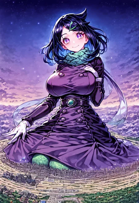 gorgeous lips, cinematic, (masterpiece), (best quality), (ultra-detailed), very aesthetic, perfect composition, intricate details, absurdres, detailed face, (anime, masterpiece, intricate:1.3), (best quality, hires textures, high detail:1.2), score_9, score_8_up, score_7_up, source_anime, 1girl, liko \(pokemon\), long hair, black hair, blue highlights, purple eyes, eyelashes, hair ornament, scarf, dress, purple dress, long sleeves, buttons, gloves, white gloves, belt, pantyhose, green pantyhose, laced heels, white footwear, skirt, flower patterns, alternate_costume, butterflies, massive breasts, facial expression, kind, soft eyes, head tilt, slightly smiling, closed mouth, hand on breasts, breasts covered, goddess, planet size, giantess, enormous body, growing even bigger, larger than cities, towering over cities, small planet, sitting on a rock, floating object, gradient eyes, beautiful detailed eyes, city background, city landscape, city, building, in the city, holding planet, (masterpiece:1.4), (best quality:1.4), (ultra-detailed:1.2), gl0w, glow,
