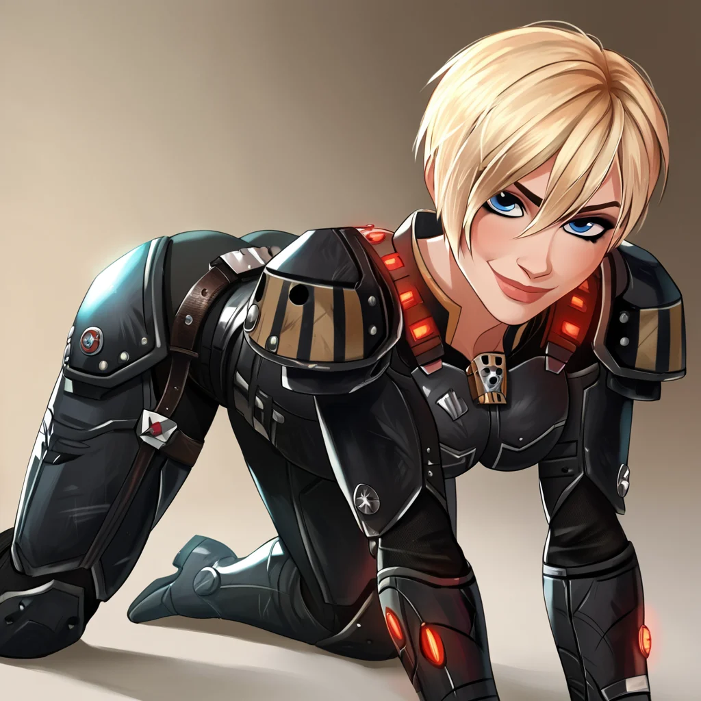 score_9, score_8_up, score_7_up, score_6_up, uncensored, detailed eyes, perfect eyes, extremely detailed CG, extremely detailed face, perfect face, detailed Lora, best quality, source_anime, masterpiece, beautiful eyes, beautiful face, detailed eyes ,high resolution, distinct image BREAK <lora:Wreck-It Ralph_Sergeant Calhoun:1>Sergeant_Calhoun, 1girl, solo, blonde hair, short hair, blue eyes, armor, power armor, belt ,all fours, seductive smile, looking at viewer