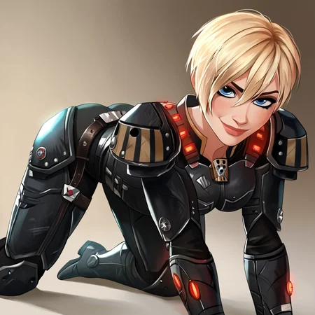 score_9, score_8_up, score_7_up, score_6_up, uncensored, detailed eyes, perfect eyes, extremely detailed CG, extremely detailed face, perfect face, detailed Lora, best quality, source_anime, masterpiece, beautiful eyes, beautiful face, detailed eyes ,high resolution, distinct image BREAK <lora:Wreck-It Ralph_Sergeant Calhoun:1>Sergeant_Calhoun, 1girl, solo, blonde hair, short hair, blue eyes, armor, power armor, belt ,all fours, seductive smile, looking at viewer