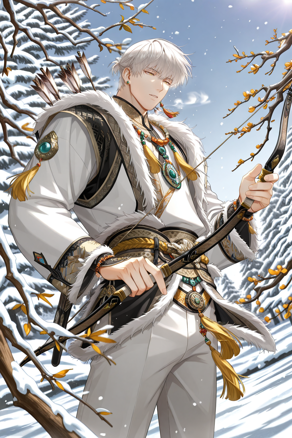 <lora:sariel-IL:0.9>,sariel, white hair, 1boy, male focus, jewelry, solo, arrow \(projectile\), earrings, weapon, holding, outdoors, bow \(weapon\), yellow eyes, snow, fur trim, white pants, long sleeves, tree, tassel, short hair, day, pants, holding weapon, branch, from below, yaoi,bara,male focus,very awa,masterpiece,best quality,amazing quality,nsfw,uncersored,highres,best quality,amazing quality,best aesthetic,absurdres,