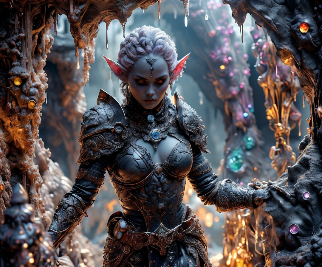 RAW photo, (masterpiece:1.3), subsurface scattering, heavy shadow, (high quality:1.4), (intricate, high detail:1.2), professional photography, HDR, High Dynamic Range, realistic, ultra realistic, photorealistic, high resolution, film photography, ambient lighting, atmospheric effects, <lora:detail_slider_v4:2>, OverallDetail, <lora:CrystalCaves:0.96>, cave, cryca, colorful crystals, gems, beams of light, water dripping from walls,  <lora:Drow:0.8>, a female drow scout, wearing intricate leather armor, dynamic pose, cape, epiCPhoto, <lora:zoom_slider_v1:-2>