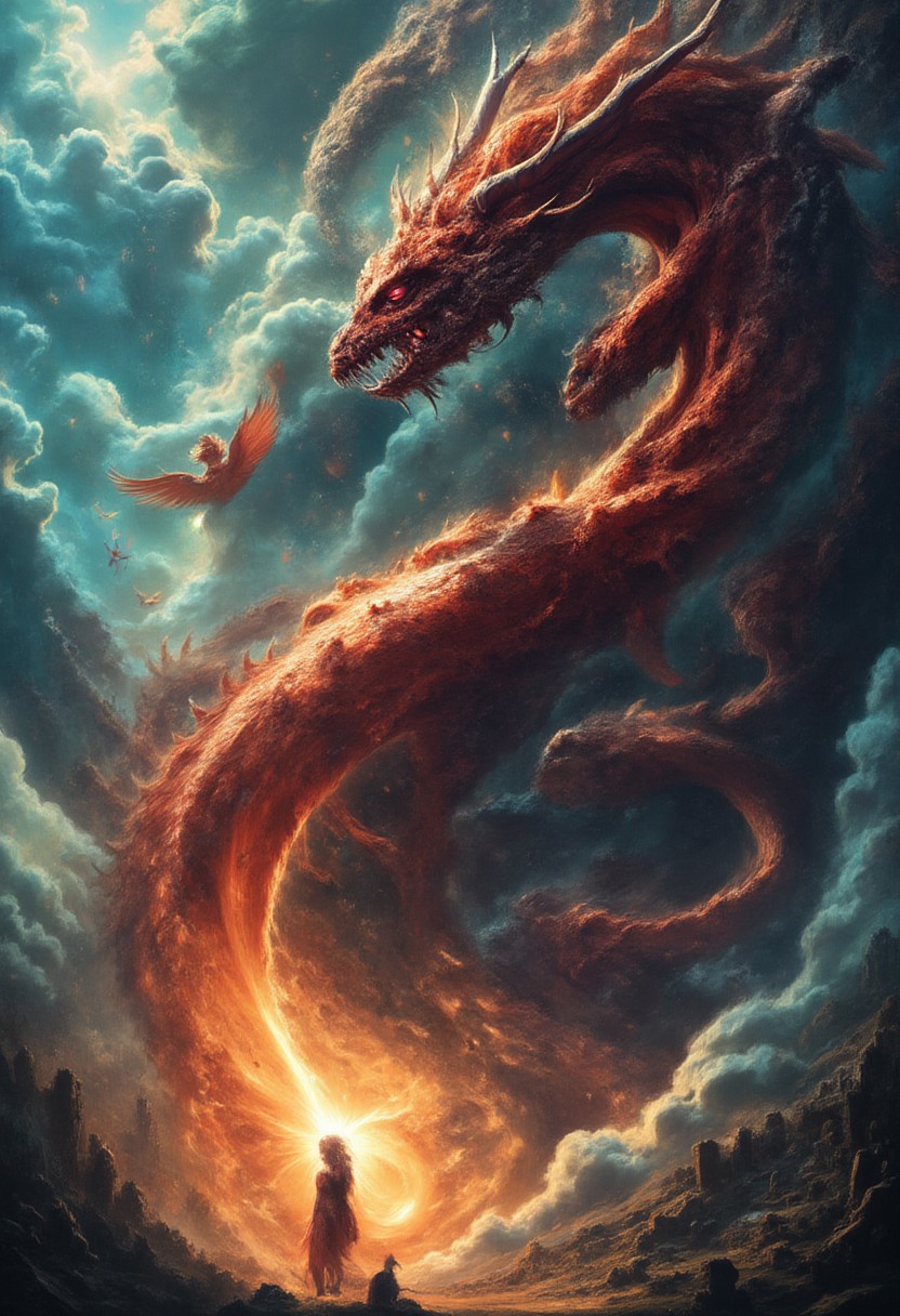 A massive, fiery red dragon, its seven crowned heads twisting in different directions, eyes burning with malice. Its ten jagged horns glisten with an eerie glow, while its wings stretch wide, blotting out the storm-filled sky. The air trembles as its enormous, serpentine tail lashes through the heavens, scattering celestial fragments like falling stars.
Surrounded by shattered ruins and swirling storms, the dragon looms over a mystical, radiant woman, its fanged maw open as if ready to strike. In the heavens, angelic warriors wielding blazing swords descend, their armor reflecting divine light as they charge against the ancient beast.
The dragon’s presence distorts reality—a swirling maelstrom of fire and shadow, its scales shimmering between the realms of existence. Thunder rumbles as the battle between light and darkness unfolds, an apocalyptic clash of cosmic forces.
Ultra-detailed, high fantasy, dark biblical mythology, cinematic lighting, hyper-realistic textures, divine vs. demonic contrast, epic celestial battle. dragon with seven heads.