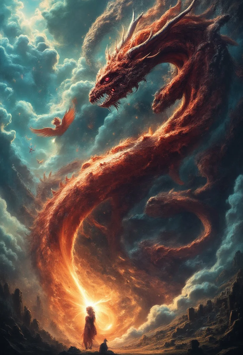 A massive, fiery red dragon, its seven crowned heads twisting in different directions, eyes burning with malice. Its ten jagged horns glisten with an eerie glow, while its wings stretch wide, blotting out the storm-filled sky. The air trembles as its enormous, serpentine tail lashes through the heavens, scattering celestial fragments like falling stars.
Surrounded by shattered ruins and swirling storms, the dragon looms over a mystical, radiant woman, its fanged maw open as if ready to strike. In the heavens, angelic warriors wielding blazing swords descend, their armor reflecting divine light as they charge against the ancient beast.
The dragon’s presence distorts reality—a swirling maelstrom of fire and shadow, its scales shimmering between the realms of existence. Thunder rumbles as the battle between light and darkness unfolds, an apocalyptic clash of cosmic forces.
Ultra-detailed, high fantasy, dark biblical mythology, cinematic lighting, hyper-realistic textures, divine vs. demonic contrast, epic celestial battle. dragon with seven heads.
