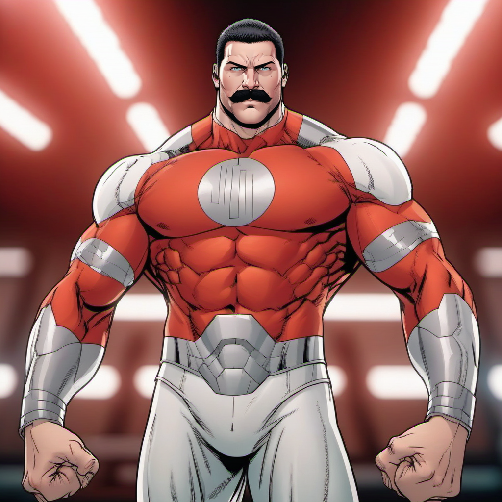 cinematic photo a muscular man with a moustache in a white and red bodysuit <lora:Thragg1024:0.8> . 35mm photograph, film, bokeh, professional, 4k, highly detailed