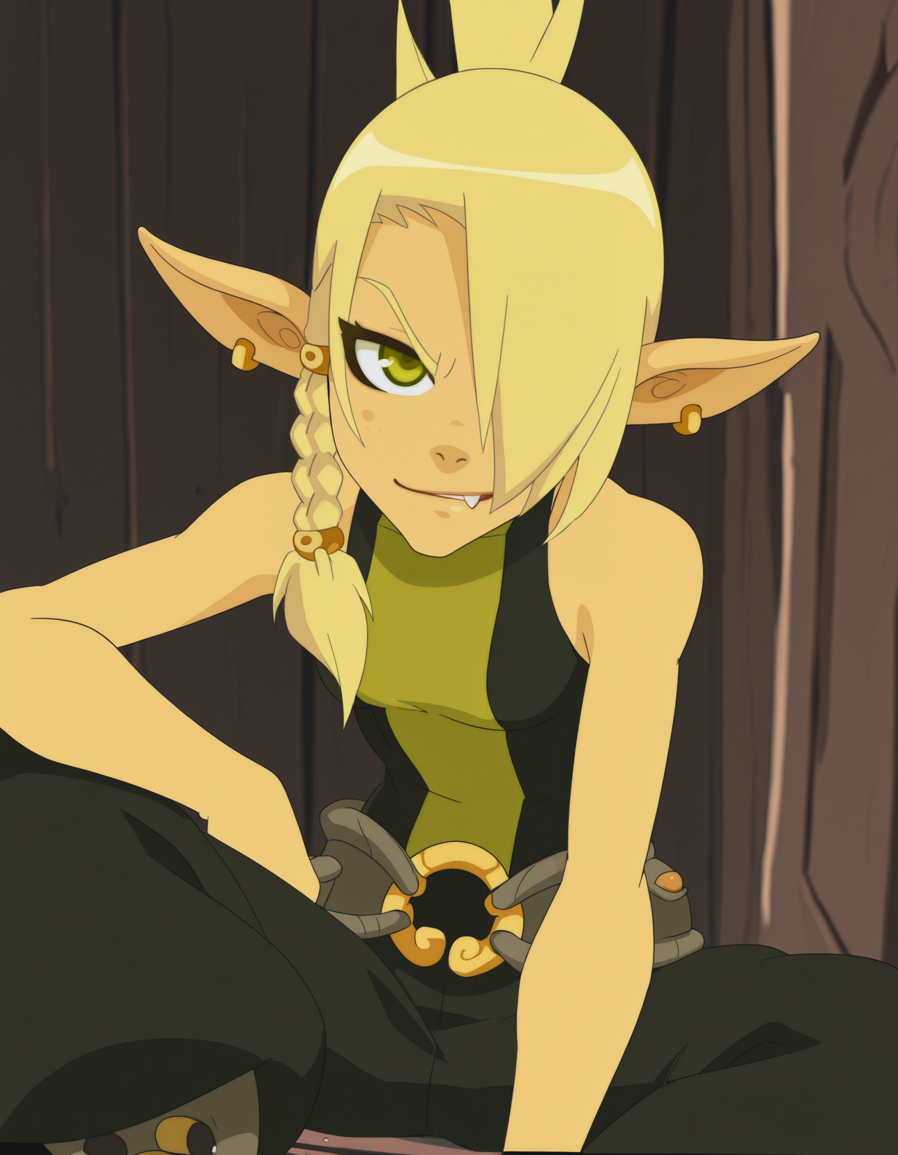 cleophee,solo pointy ears, blonde hair, jewelry,sleeveless, pants ,belt,  braid, green eyes, hair over one eye,smirk, sitting,  1girl, bare shoulders,looking at viewer,     <lora:CleopheeIllustrious1.0JLFO:1>