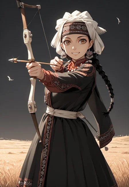<lora:Drawing_bow:0.8>source_furry, score_7_up, rating_safe, source_anime, anime face:1.5, ((drawing bow, (weapon: 1.1), aiming at viwer, arrow, (projectile: 1.1), bow, (weapon: 1.1), holding bow, drawing bow)), amir halgal, otoyomegatari, 1girl, black hair, braid, single braid, brown eyes, dress, bead necklace, beads, coin (ornament), headscarf, jewelry, traditional clothes, kazakh clothes, 4M1RH4LG4LV1,
smile, open eyes, <lora:INKxXmo shaded face:0.8> INKxXmo Dark Theme, Shaded Face,
looking far, concentrating, close up:1.4,
meadow, <lora:H001PXL:0.2>color manga,
wind, dust