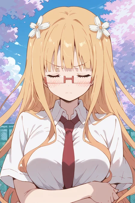 score_9, score_8_up, score_7_up, score_6_up,
<lora:Mitsuki_Sonoda:1> mitsuki, 1girl, solo, long hair, glasses, closed eyes, blush, necktie, hair ornament, flower, hair flower, blonde hair, crossed arms, school uniform, upper body