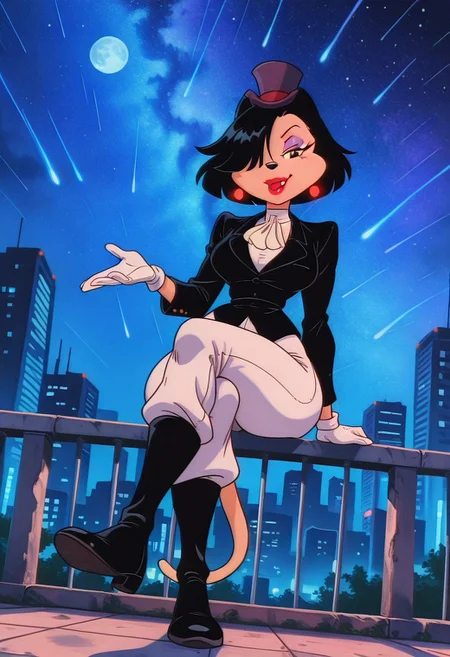 KatyaLeggsgowannalotMS, 1girl, solo, furry female, anthro, short hair, black hair, hair over one eye, black eyes, eyeshadow, black snout, lips, red lipstick, earrings, large breast, thick thighs, tail, top hat, black jacket, white shirt, ascot, white pants, black boots, white gloves,
,seductive pose, sexy pose, tease,
masterpiece, best quality, fine details, intricate details, depth of field, subsurface scattering, bokeh,
ultra-detailed, very aesthetic, detailed background, newest, scenery, highres, absurdres, colorful, vibrant, glowing, perfect face, 2d, perfect eyes, vibrant saturated colors, volumetric lighting, sharp, detailed eyes, perfect anatomy, perfect face, perfect eyes, mature body, clear eyes, beautiful eyes, athletic, curvy body, athletic girl, perky tits, perfect tits, round breasts, pinup pose, teasing, lustful expression, perfect hands,
muscular female, dutch angle,
cityscape, rooftop, outdoors, skyscrapers, railing, neon lights, detailed background, night, night sky, night time, starry sky, sitting on railing, moon, looking at viewer, arm rest, smirk, crossed legs, open mouth, full body, foreshortening, meteor shower ,
,Smooth Negative, Smooth_Quality,
90s_anime_aesthetic, 1990s (style), dark_fantasy_style, dark fantasy, retro,, retro artstyle