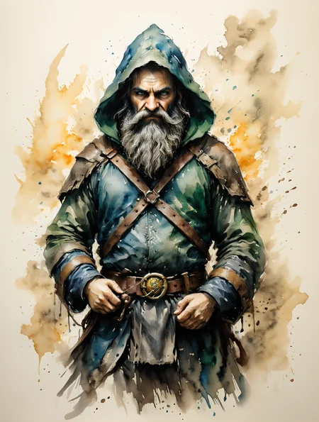 a figure described as dwarf with a blue beard tucked into a golden belt, and very bright eyes under his dark-green hood,
