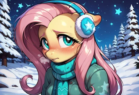 score_9, score_8_up, score_7_up, score_6_up, semi-realistic artwork, detailed background, high quality, vibrant colors, best quality rendering, intricate details, high resolution, sharp focus, best render quality, (background-winter forest, snow, night, stars, glowing stars), close up view, focus on face,
1girl, solo, Fluttershy (anthro pony), 18 yo, long hair, narrow shoulders, skinny, shiny skin, small perky breasts,
wearing a winter coat, scarf, mittens, fluffy winter earmuffs,
dynamic pose, shivering, 
shy, blush, blushing, embarrassed, looking back at viewer, hot breath,