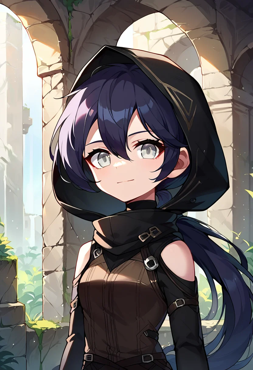score_9,score_8_up,score_7_up,source_anime,zPDXL3,fantasy,indoors,ruins,dark,light particles,pillar,stone wall,upper body,solo focus,
*//*,<lora:Adventurer_Archer_Pony:1>,pathfinder_new,1girl,solo,black hair,long hair,ponytail,grey eyes,hair between eyes,long sleeves,black bodysuit,black hood,hood up,shoulder cutout,black pants,fingerless gloves,black gloves,black vest,
looking at viewer,light smile,