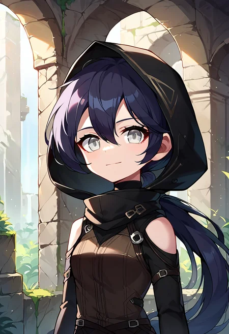 score_9,score_8_up,score_7_up,source_anime,zPDXL3,fantasy,indoors,ruins,dark,light particles,pillar,stone wall,upper body,solo focus,
*//*,<lora:Adventurer_Archer_Pony:1>,pathfinder_new,1girl,solo,black hair,long hair,ponytail,grey eyes,hair between eyes,long sleeves,black bodysuit,black hood,hood up,shoulder cutout,black pants,fingerless gloves,black gloves,black vest,
looking at viewer,light smile,