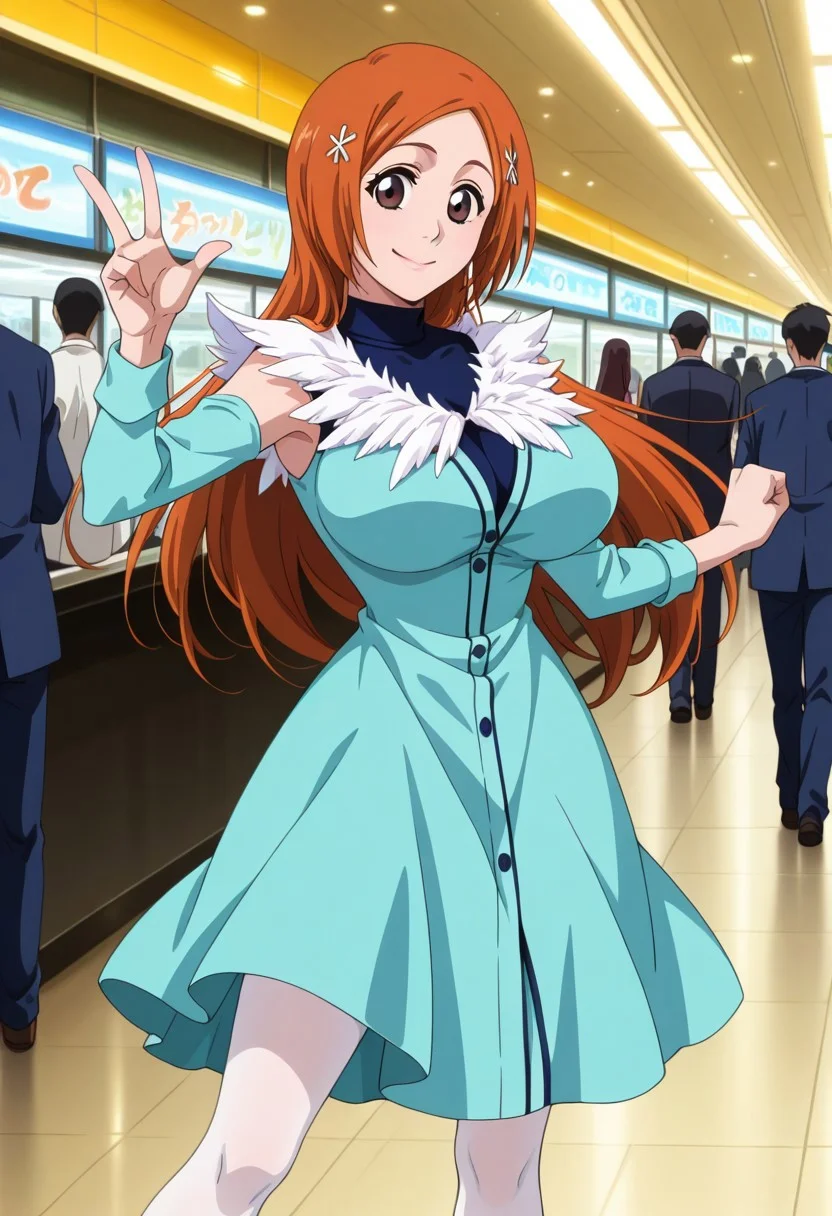 <lora:anime_screencap-IL v-pred:1>, anime screencap, anime coloring, amazing quality, very aesthetic, absurd resolution, masterpiece, 4k resolution, perfect anatomy, perfect eyes, (hand with four fingers and one thumb), BREAK 1girl, 3/4 body shot, <lora:Orihime Inoue - Bleach TYBW:1>, 0rihime, inoue orihime, long hair, orange hair, brown eyes, hair ornament, large breasts, hairpin, sexy standing pose, legs apart, lewd lower body, shifting her hips, looking at viewer, happy smile, joy, (<lora:blue_concert_ill-05:1>, (blue shirtdress, v-neck, white feather neckline, blue buttons, long sleeves, blue sleeves, knee-length dress, white feather hemline,), (black turtleneck, sleeveless, under dress,), white pantyhose, ), breast focus, BREAK (public mall, indoors, multiple men, townspeople, casual clothes,),