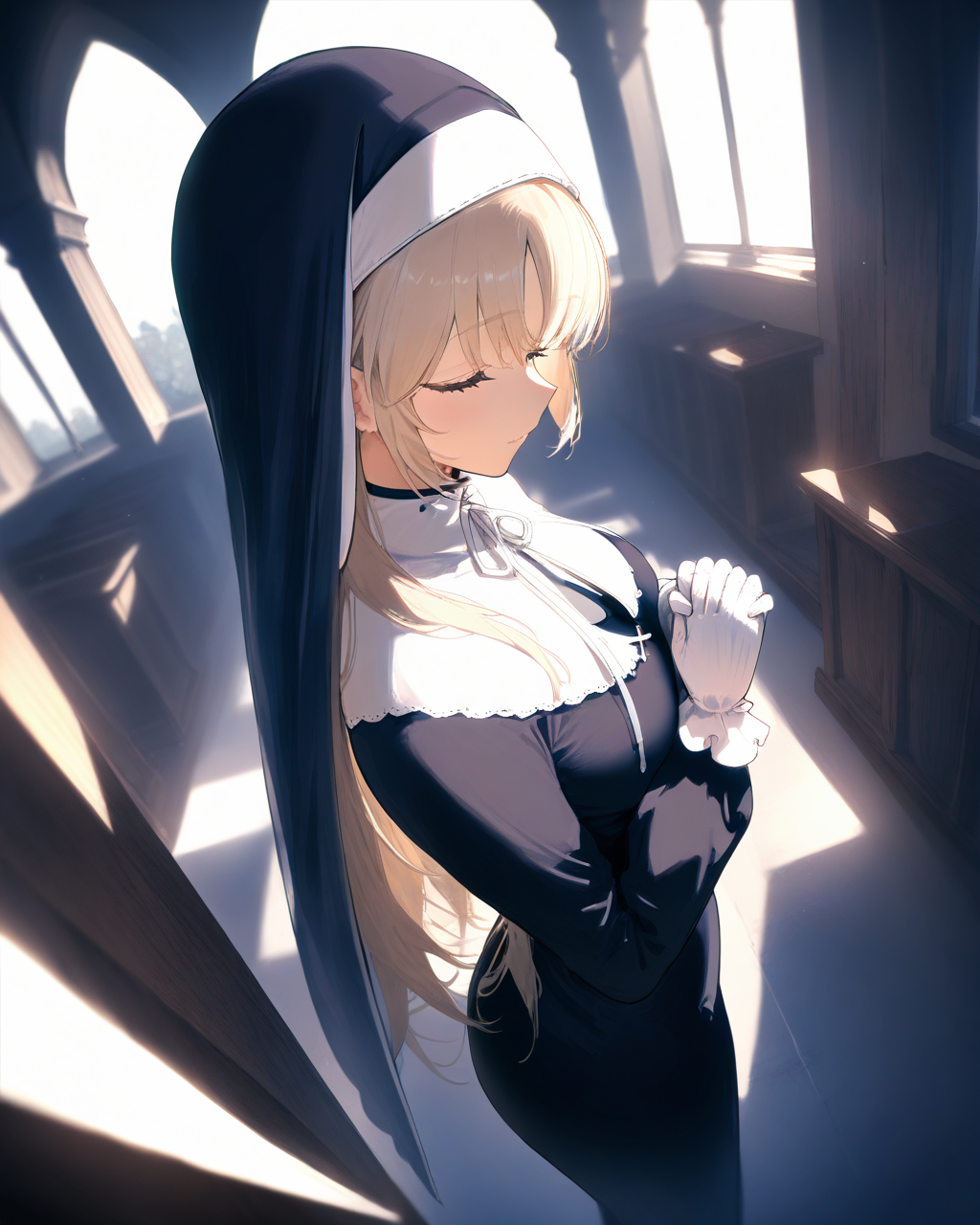 1girl,
SisterClaireNijisanji,
safe, perspective, dutch angle, from above, upper body,
nun,
breasts, white gloves, own hands together, praying,
soft lighting, church,
depth of field,
<lora:kp_SisterClaireNijisanji1stCostumeAnimagineXL_v1_1:1.0>,
masterpiece, high score, great score, absurdres