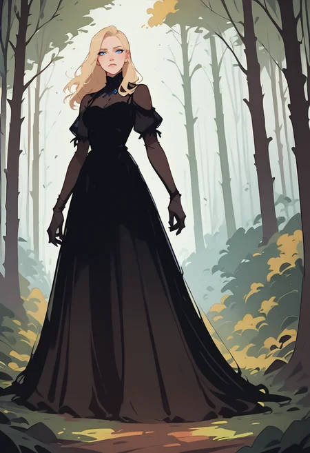 score_8_up, woman, blonde hair, black dress, forest, blue eyes <lora:NoctFlatStyleV4:0.85>