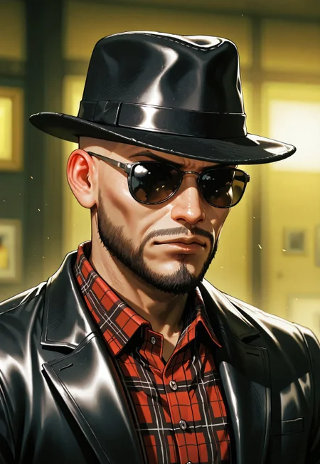 White a man wearing a hat and sunglasses,solo,shirt,1man,hat,closed mouth,jacket,upper body,male focus,collared shirt,blurry,black jacket,plaid,black headwear,facial hair,sunglasses,realistic,bald,plaid shirt,fedora , action crime themed, sharp, detailed, epic cinematic photography, artistic, dramatic light, cinematic color style, Kodak film style, breaking bad style, shallow depth of field, 