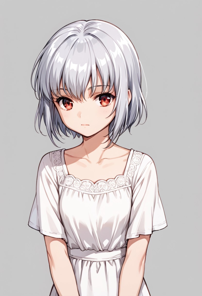 score_9, score_8_up, score_7_up, score_6_up, score_5_up, score_4_up, source_anime, Dee Triel, silver hair, short hair, red eyes, closed mouth, dress