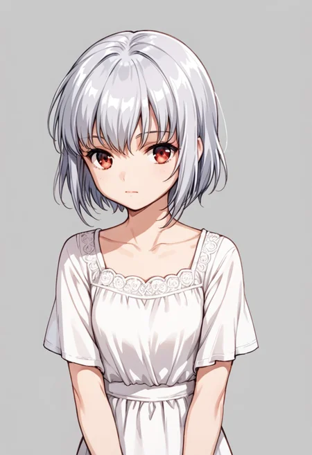 score_9, score_8_up, score_7_up, score_6_up, score_5_up, score_4_up, source_anime, Dee Triel, silver hair, short hair, red eyes, closed mouth, dress