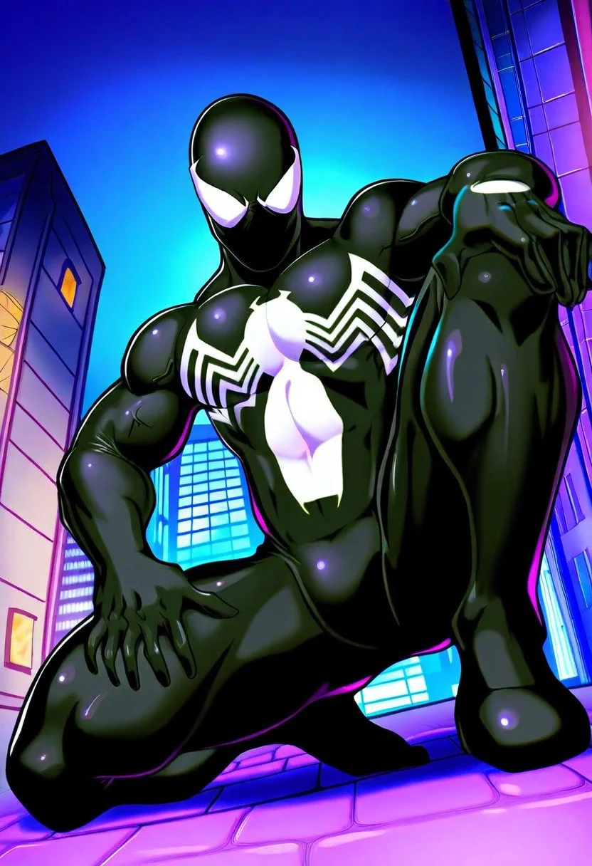 best quality,highres,anatomically correct,very aesthetic,uncensored,detailed background, detailed face,detailed body,from front,from below,full body view,dutch angle, bara,yaoi,gay,anime,male focus,toned male, mature male,handsome, b0dybuilder_eb,st4n,semi realistic,cartoon,1 boy,solo
BREAK 1 boy,mask,white eyes,no nose,no mouth, no ears,superhero costume,black bodysuit,symbiote,white spider print,spandex clothes,covered abs,covered nipples,skintight,spandex suit,transparent body,intense stare,plump,massive pecs,shiny skin,oiled up,glistening body,(5 fingers)
BREAKmuscular male,mature male,tall body,well defined body,athletic build,masculine face,broad jawline,big pecs,biceps,board chest,abs,thin waist,wide hips,thick thighs,(muscle vein),shiny skin,glossy skin,glowing,((crotch foucs)),(futuristic city,city skyline,building,cityscape, busy street,dark nightsky,rooftop,lunar eclipse,),((in heat,looking at viewer,((sitting on the ground)),sitting with one knee up,the other leg extended flat and placed on the ground,hand is resting on the bent knee,sexy pose,action pose,dynamic pose,dynamic angles)