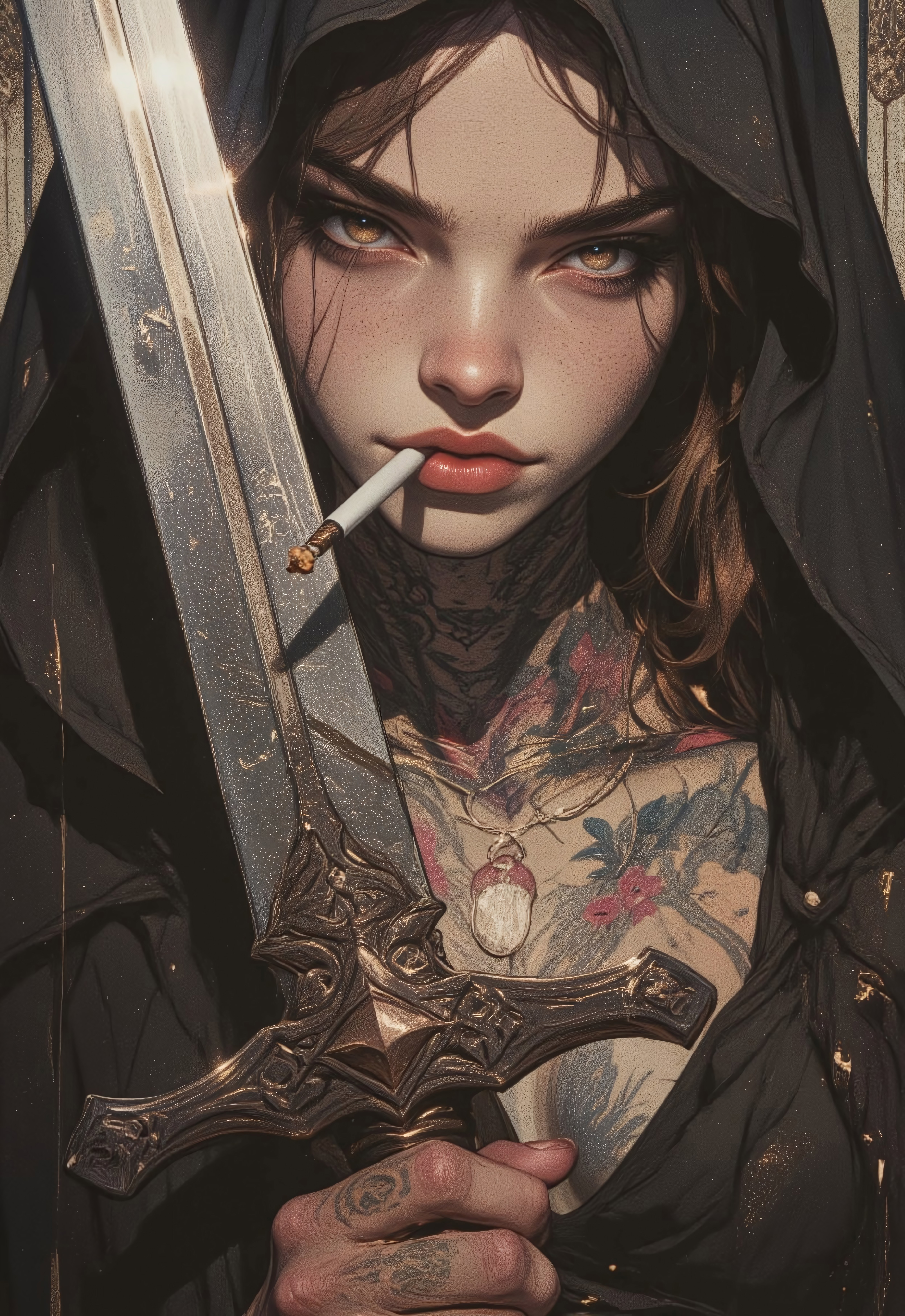 A sensually rebellious nun, her forbidden allure highlighted by intricate tattoos peeking out from beneath her traditionally modest habit. Holding a gleaming longsword with a confident grip, her face fills the frame with an intensity that draws in the viewer. This realistic portrait captures every crease and imperfection in her weathered skin, heavily shadowed to add a mysterious depth to her expression. The cigarette held delicately between her lips adds a touch of danger to her otherwise serene visage. Overall, this impeccably detailed image evokes a sense of captivating contradiction and intrigue. <lora:FluxMythG0thicL1nes:0.6> <lora:FluxMythR3alisticF:0.5> <lora:RetroAnimeFluxV1:0.6> <lora:OB半写实肖像画V2.0:0.6>