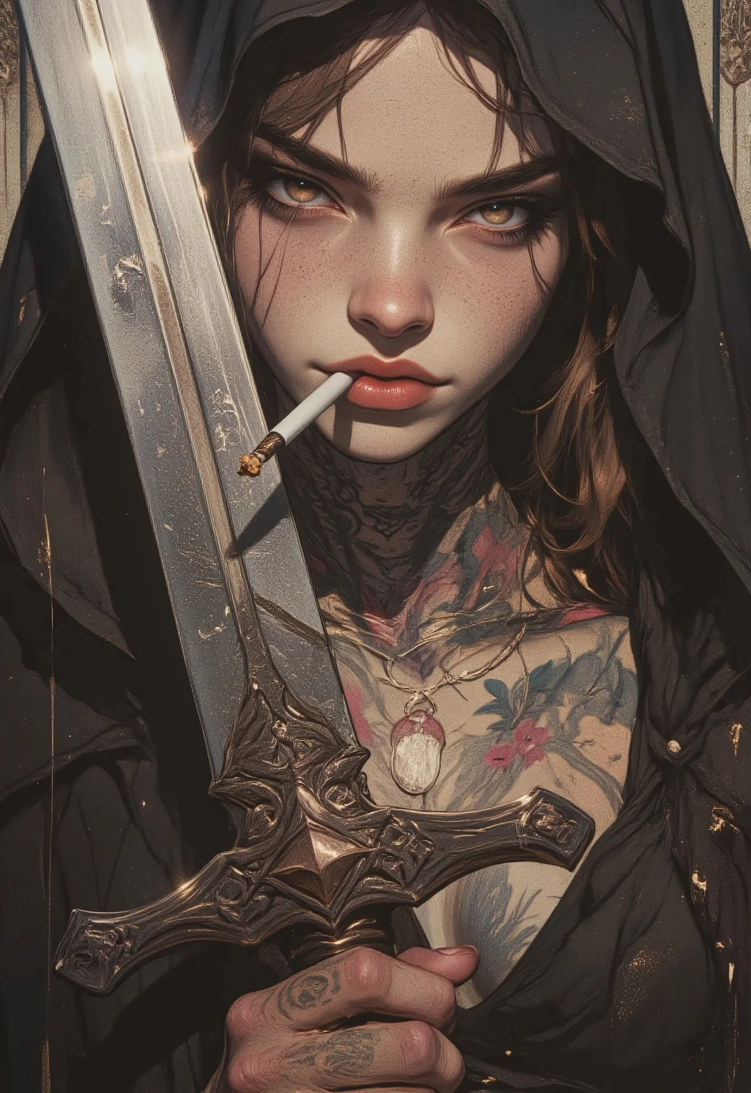 A sensually rebellious nun, her forbidden allure highlighted by intricate tattoos peeking out from beneath her traditionally modest habit. Holding a gleaming longsword with a confident grip, her face fills the frame with an intensity that draws in the viewer. This realistic portrait captures every crease and imperfection in her weathered skin, heavily shadowed to add a mysterious depth to her expression. The cigarette held delicately between her lips adds a touch of danger to her otherwise serene visage. Overall, this impeccably detailed image evokes a sense of captivating contradiction and intrigue. <lora:FluxMythG0thicL1nes:0.6> <lora:FluxMythR3alisticF:0.5> <lora:RetroAnimeFluxV1:0.6> <lora:OB半写实肖像画V2.0:0.6>