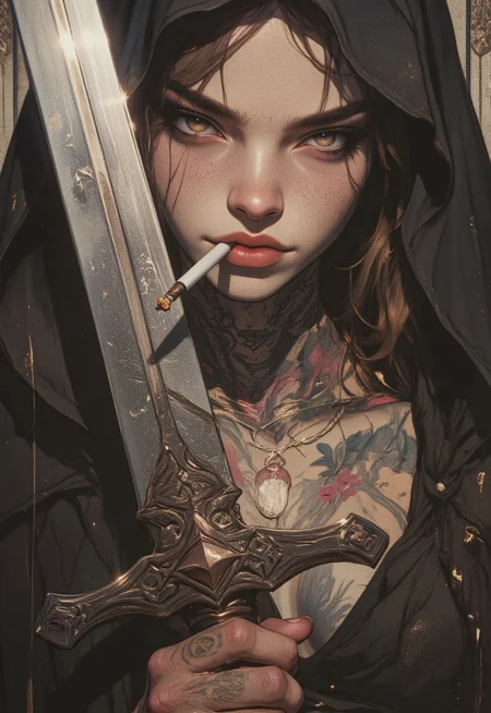 A sensually rebellious nun, her forbidden allure highlighted by intricate tattoos peeking out from beneath her traditionally modest habit. Holding a gleaming longsword with a confident grip, her face fills the frame with an intensity that draws in the viewer. This realistic portrait captures every crease and imperfection in her weathered skin, heavily shadowed to add a mysterious depth to her expression. The cigarette held delicately between her lips adds a touch of danger to her otherwise serene visage. Overall, this impeccably detailed image evokes a sense of captivating contradiction and intrigue. <lora:FluxMythG0thicL1nes:0.6> <lora:FluxMythR3alisticF:0.5> <lora:RetroAnimeFluxV1:0.6> <lora:OB半写实肖像画V2.0:0.6>