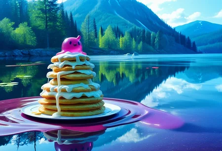 {foodphoto, a stack of pancakes made out of slime, (slime pancakes:1.5), slime syrup, pancakes covered in syrup, a swirl of whipped topping on top of a stack of pancakes, (slime whipped cream:1.5), (tan slime pancakes:1.5), (white slime topping:1.5)}, 
plate made of slime, table made of slime,
natural light, no bright spots, 
((translucent slime)), ((transparent slime)), made of water, (bioluminescent slime), sl1m3d, slime, slime-morph, ais-blmn, saturated colors, no creatures, no humans, no monsters, no pokemon, scenery only, scenery, no slime creatures,