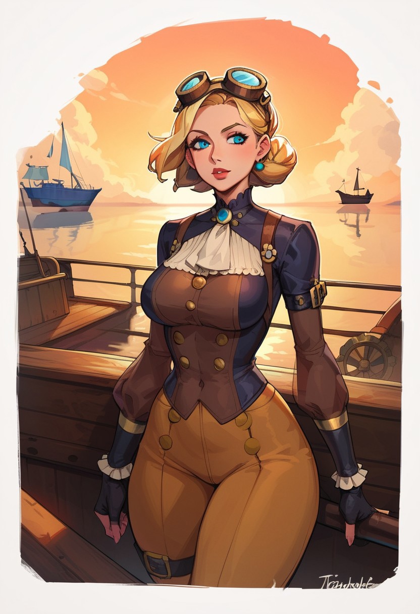 score_9, score_8_up,  score_9, score_8_up,    1woman, <mature face>,  mature body, tall, blonde,  Steampunk engineer,    <revealing outfit>, thin waist, narrow shoulders, wide hips , goggles on top of head, floating boat, steampunk boat,  simple shadows, flat coloring, flat shadows, thick lines, white outline, perfect proportions, 