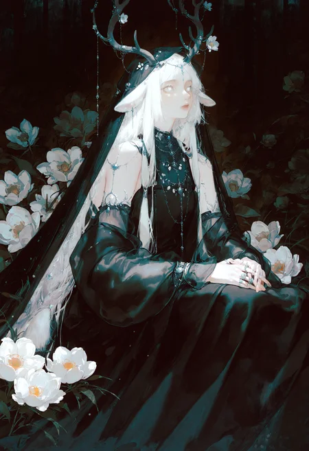 masterpiece, absurdres, newest, very awa,
chromatic abberation,
1girl, solo, long hair, dress, jewelry, white hair, animal ears, necklace, black veil, antlers, sitting, flower, ring, deer ears, white flower, looking afar, hands on own thighs, own hands together, white eyes, detached sleeves,
<lora:spo_sdxl_10ep_4k-data_lora_webui>, <lora:TA_trained:0.35>, <lora:NOOB_EPSv1_1_detailer_by_vlnvk_v0_5>, <lora:96YOTTEA-WAI:0.65>, <lora:zzziGnXL_il_lokr_V531>
