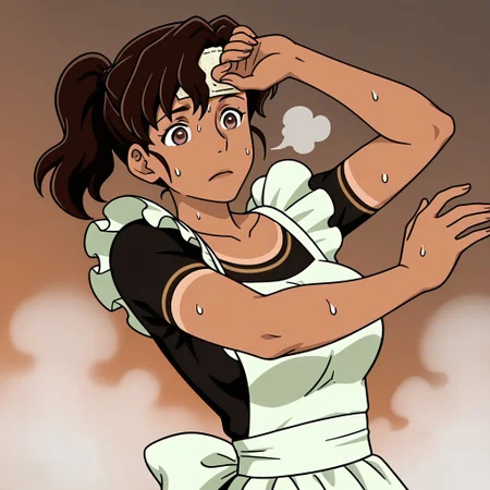 Margarita, 1girl, solo, tanned skin, dark brown hair with ponytail, black shirt, white apron
Margarita sweating while cooking tacos. A hand wiping sweat from her forehead, steam, traditional Mexican cuisine
dynamic pose, foreshortening, extreme perspective