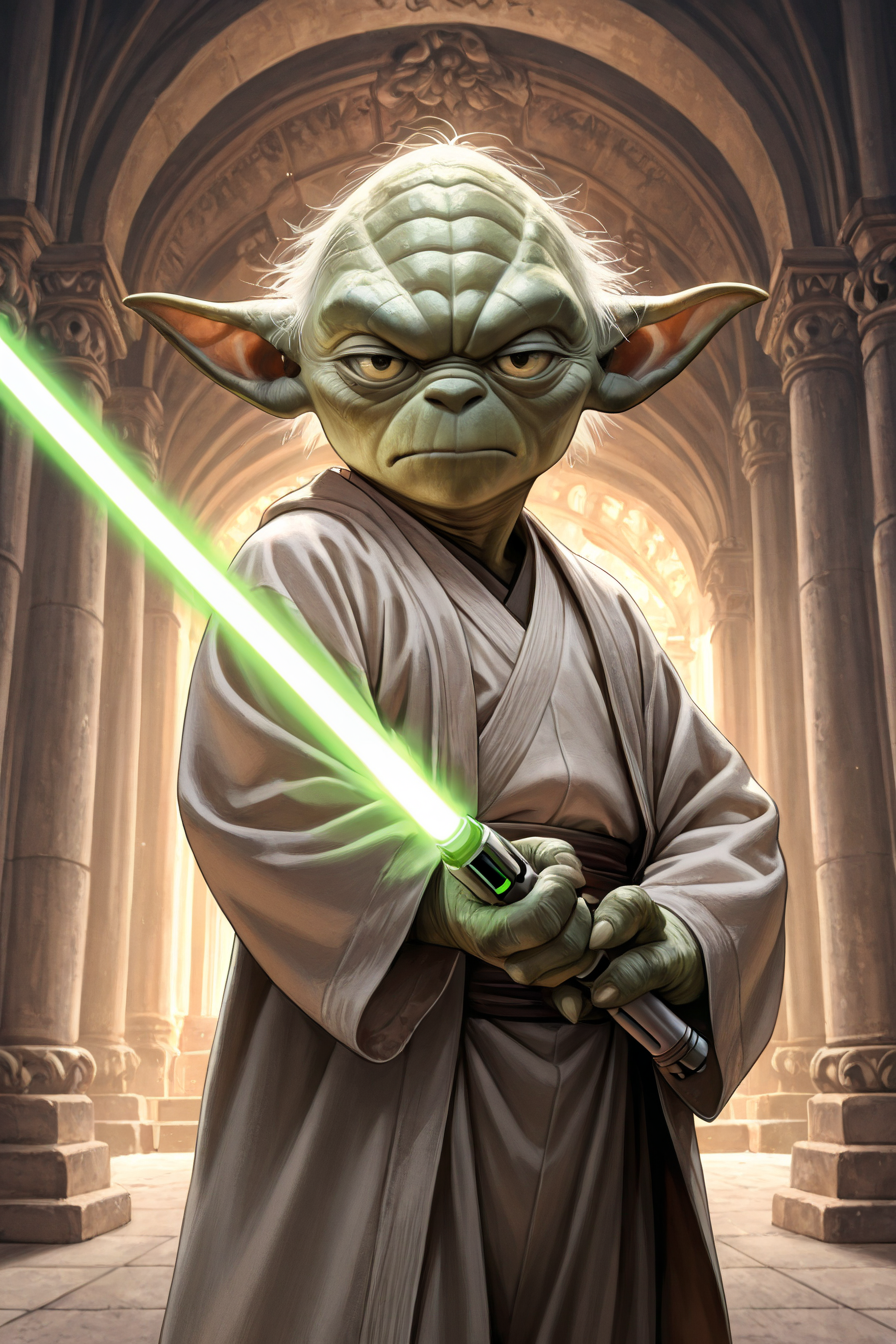 8K,absurdres,very aesthetic,masterpiece,highly_detailed,best_quality,newest,pointy ears,holding lightsaber,green lightsaber,temple background,looking at viewer,serious,focused,<lora:Yoda_ILLUSTRIOUS_Star_Wars_Character:1>,solo,3_fingers,green skin,