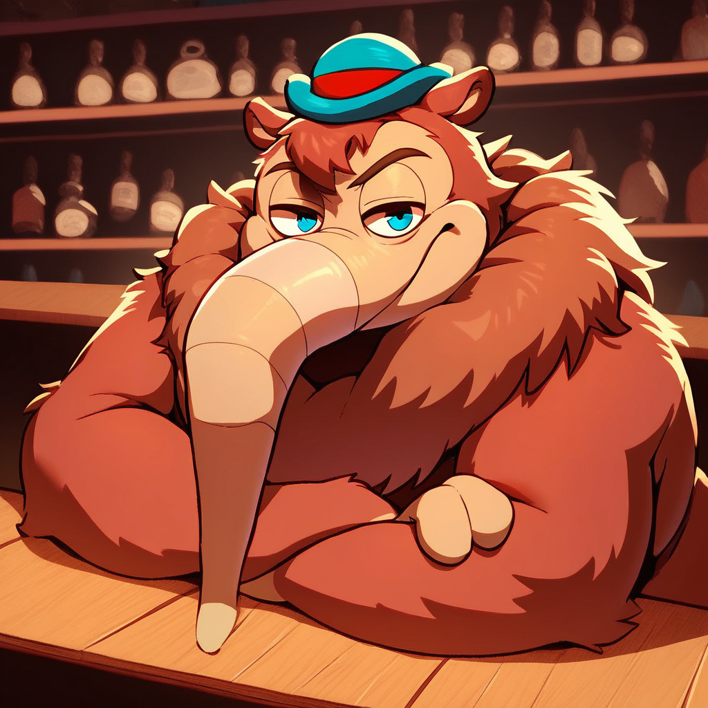 score_9, score_8_up, score_8, furry, Sidney, anteater, long nose, striped nose, brown fur, neck tuft, cartoon style, 2d, overweight male, solo, hat, sitting at bar, elbows on table, smirk, looking at viewer, bedroom eyes, inside