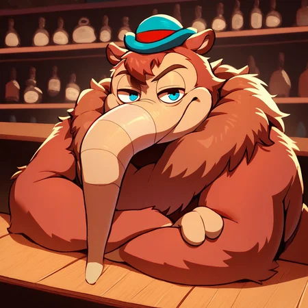 score_9, score_8_up, score_8, furry, Sidney, anteater, long nose, striped nose, brown fur, neck tuft, cartoon style, 2d, overweight male, solo, hat, sitting at bar, elbows on table, smirk, looking at viewer, bedroom eyes, inside